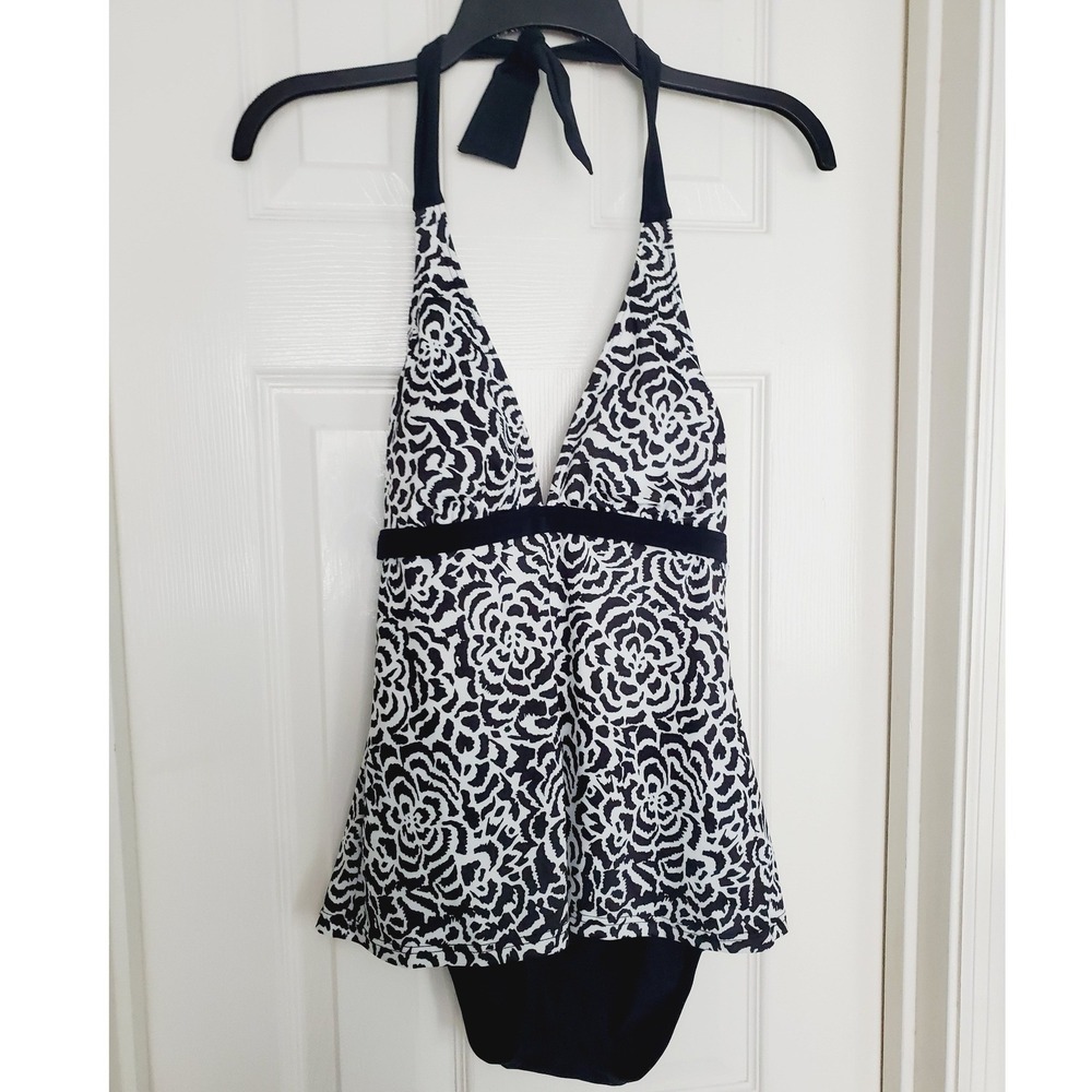 Modest Swimdress Swimsuit Black White Floral Halter Neck Swim Top Medium